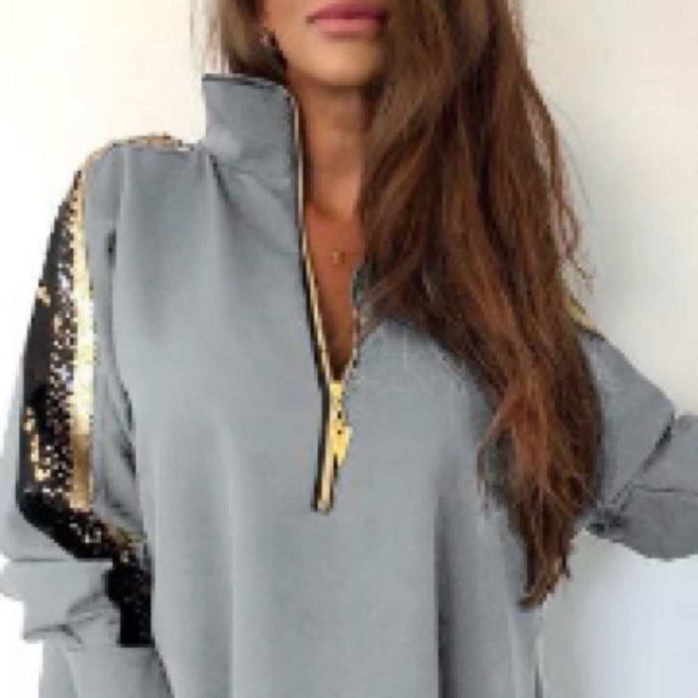 Sequins patchwork Stand zipper design blouses❣️❣️